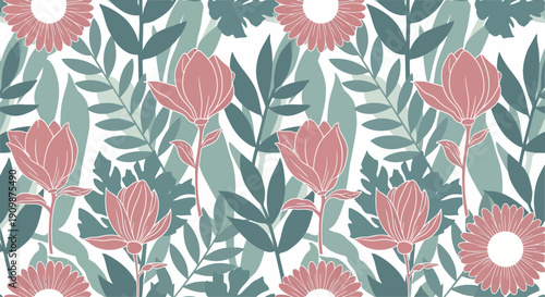 A vibrant floral pattern featuring stylized flowers and leaves from a direct overhead viewpoint