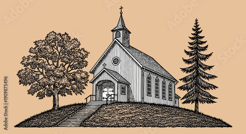 Serene church on a hill surrounded by trees, a peaceful scene depicted in illustration