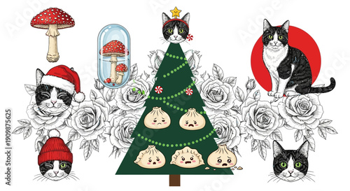 Whimsical Christmas illustration featuring cats, tree, and floral elements with festive atmosphere and playful details
