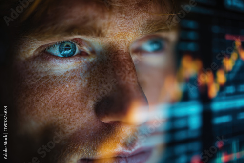 Portrait of Male Analyst with Data Reflected in Eyes and Financial Graphs