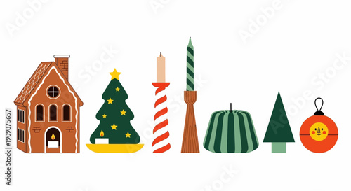 A festive holiday scene featuring a house, tree, candles, and ornaments in a celebratory arrangement viewed from the front.