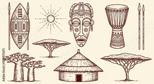 African cultural elements including masks drumming tools and traditional huts with acacia trees under sunny savannah skies