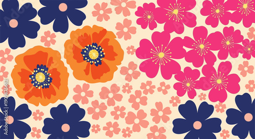 Vibrant floral pattern featuring flowers, petals, and leaves in a seamless design