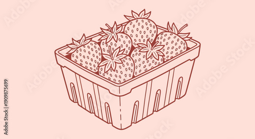 Illustration of a container filled with ripe strawberries, viewed from above, against a soft peach background