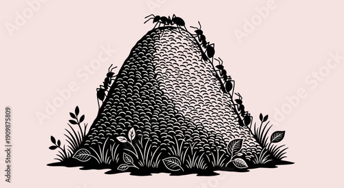 Illustration of a beehive surrounded by bees and foliage in a natural environment viewed from the front