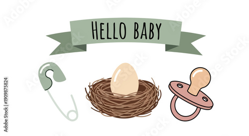 Welcoming a newborn baby with safety pin, egg in nest, and pacifier illustration