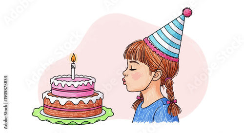 A young girl wearing a party hat looks at a birthday cake with a lit candle on it.