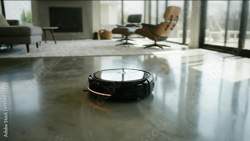 Autonomous robotic vacuum cleaner on polished floor in bright contemporary home interior