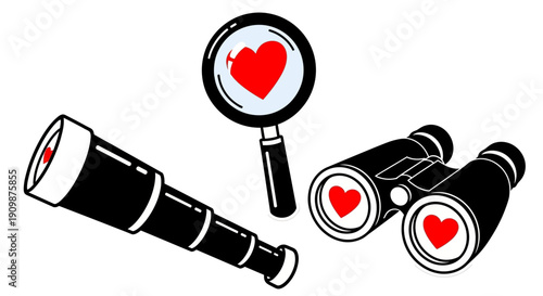 Observation tools with hearts visible through magnifying glass and binoculars