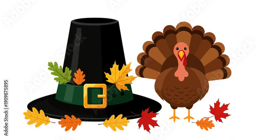 A pilgrim hat and a turkey standing together surrounded by autumn leaves in a festive illustration