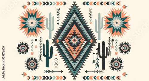 Vibrant Southwestern Pattern Featuring Cacti, Flowers, and Geometric Shapes in a Stylized Design