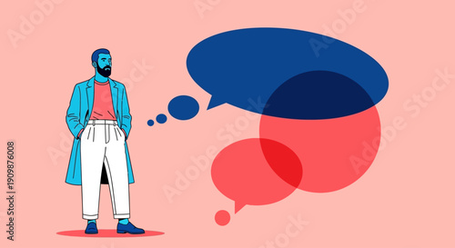 A person standing thoughtfully with speech bubbles illustrating a conversation or idea generation in an abstract setting from a frontal viewpoint