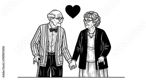 Elderly couple holding hands with a heart symbol above them, conveying love and affection in a simple illustration