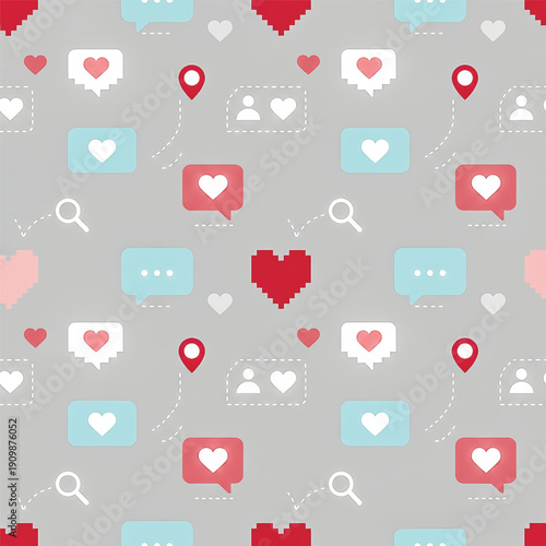  pattern of modern UI icons for social media and dating apps. Features hearts, likes, messages, and location pins for digital romance concepts. Vector illustration