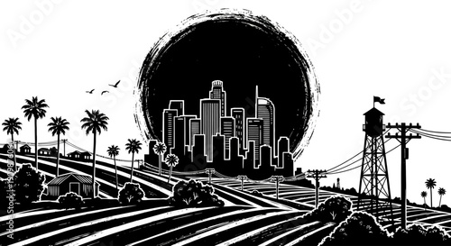 Cityscape illustration with modern skyscrapers and industrial elements in a rural landscape