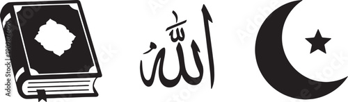 Vector Islamic symbols, Quran book, Arabic Allah text, crescent moon and star, for Ramadan or Eid celebration, isolated on transparent background, png
