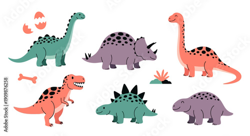 Illustration of various dinosaurs in different colors and species arranged in a collection on a plain background from a direct viewpoint
