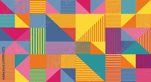 Vibrant geometric shapes and patterns arranged in a dynamic abstract composition viewed from directly above.