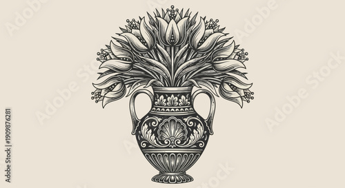 An ornate vase with lush flowers, an elegant illustration showcasing intricate designs and floral beauty from a front view.