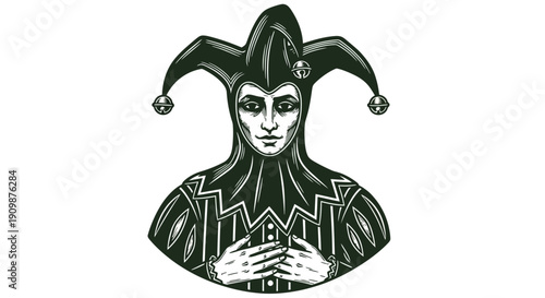 Mysterious Jester Character Illustration with Hidden Hands and Intricate Costume Details