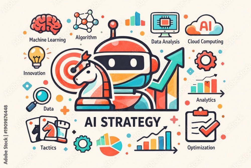 Obraz premium AI integration strategy visualized through engaging elements including a robot chess player symbolizing innovation and tactics for data driven decision making
