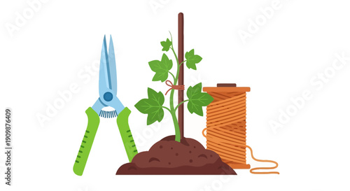 Gardening scene with pruning shears, plant, and twine on soil mound illustration