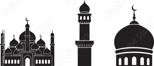 Black mosque and minaret silhouettes, crescent moon finials, Islamic architecture icons, isolated on transparent background, png
