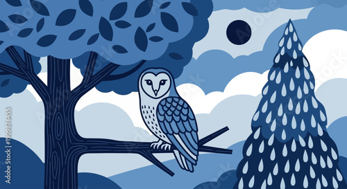 An owl perched on a tree branch in a serene landscape with a moonlit sky and a pine tree nearby