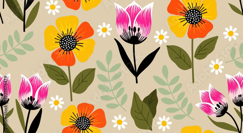 Vibrant floral pattern with colorful flowers and leaves in a seamless design viewed from directly above