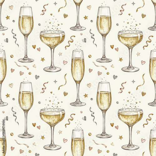 seamless pattern of watercolor champagne glasses, confetti, and streamers, perfect for New Years, weddings, and other celebrations.. Vector illustration