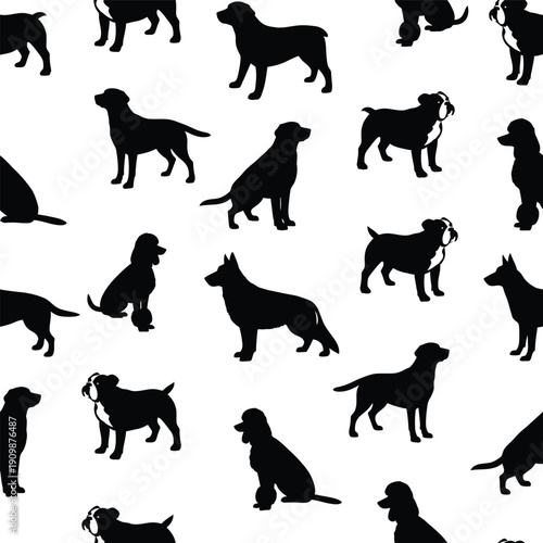 Various dog silhouettes in different poses and breeds on a clean white background
