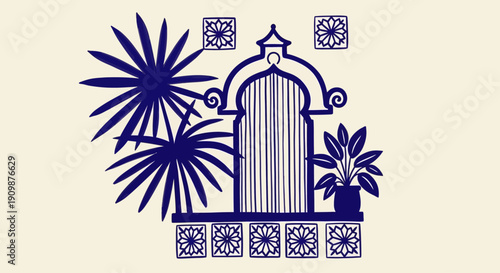 An intricate illustration of a historical monument surrounded by plants and geometric patterns from a straight-on viewpoint