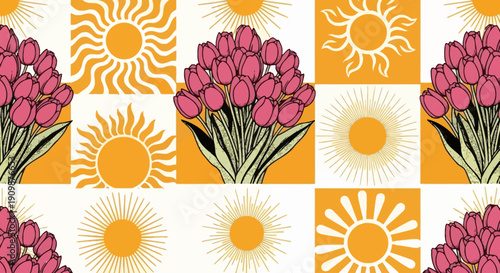 Vibrant floral pattern featuring sun symbols and tulips in alternating squares viewed from directly above