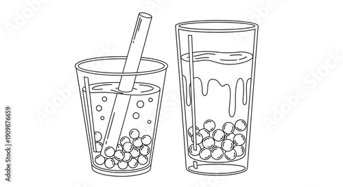 Line drawing of boba tea cups with straws on transparent background