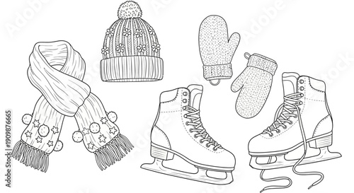 Winter accessories and ice skates illustration on a white background from a straightforward viewpoint