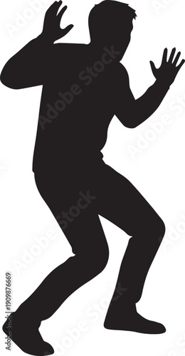 Scared man silhouette with hands up surprising fearful pose human figure vector