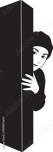 Spying woman hiding behind wall vector silhouette illustration for mystery and secret theme