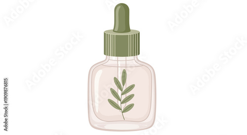 A dropper bottle with a green leaf design on a transparent background, viewed from the front, showcasing a skincare product with natural ingredients