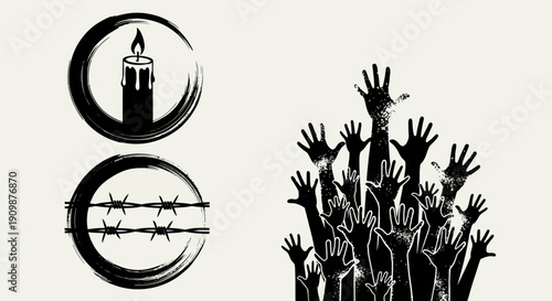 Crowd of people behind barbed wire fence with circular icons of candle and barbed wire