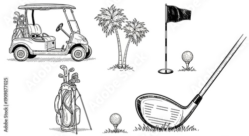 Golfing elements including cart, bag, trees, flag, and club on a grassy golf course viewed from above.