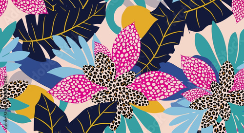 Vibrant floral pattern featuring tropical leaves and flowers in a lively botanical illustration
