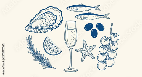 A luxurious champagne toast with seafood, fruits, and olives, illustrated in a sophisticated dining setting from a direct overhead view