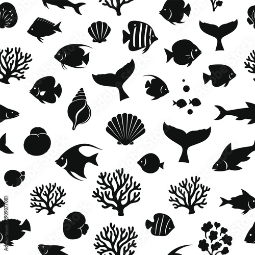 Illustration of diverse marine life forms underwater scene