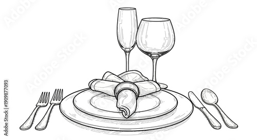 A formal dinner table setting with wine glasses, silverware, and a napkin on a plate, depicted in a simple line drawing from a straight-on viewpoint.