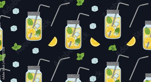 A refreshing pattern of lemonades with straws and lemons on a dark background viewed from directly above
