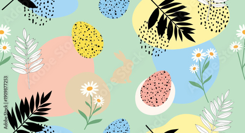 Assorted colorful botanical elements and abstract shapes in a whimsical illustration viewed from directly above