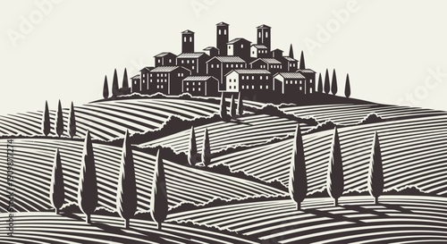 A serene landscape illustration of a medieval castle on a hill surrounded by rolling hills and cypress trees viewed from a distance.
