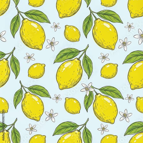 seamless pattern featuring hand-drawn lemons, green leaves, and delicate white blossoms on a light blue background. Perfect for fresh, summery designs, kitchen decor, . Vector illustration