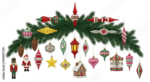 Festive Christmas ornaments and decorations arranged on a green fir branch, showcasing holiday cheer and celebratory spirit, viewed from directly above.