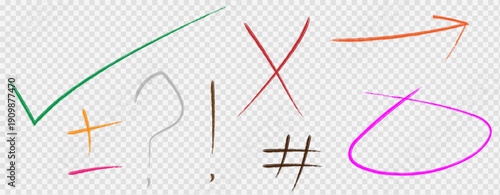 Hand drawn colorful marker vector doodle set: checkmark, cross, arrow, circle, question, exclamation, plus, minus, hashtag, png cutout